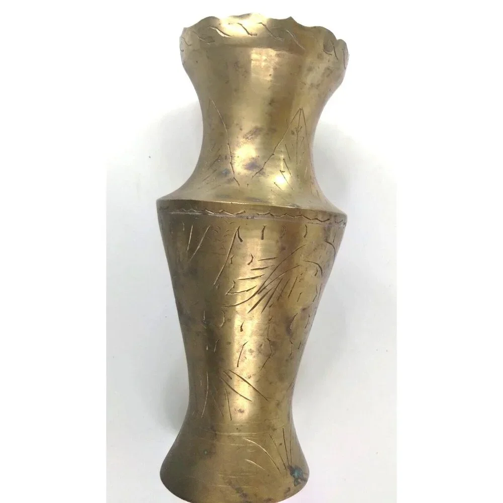 Antique Hand Etched‎ Brass Vase 7.75'' Tall Vintage